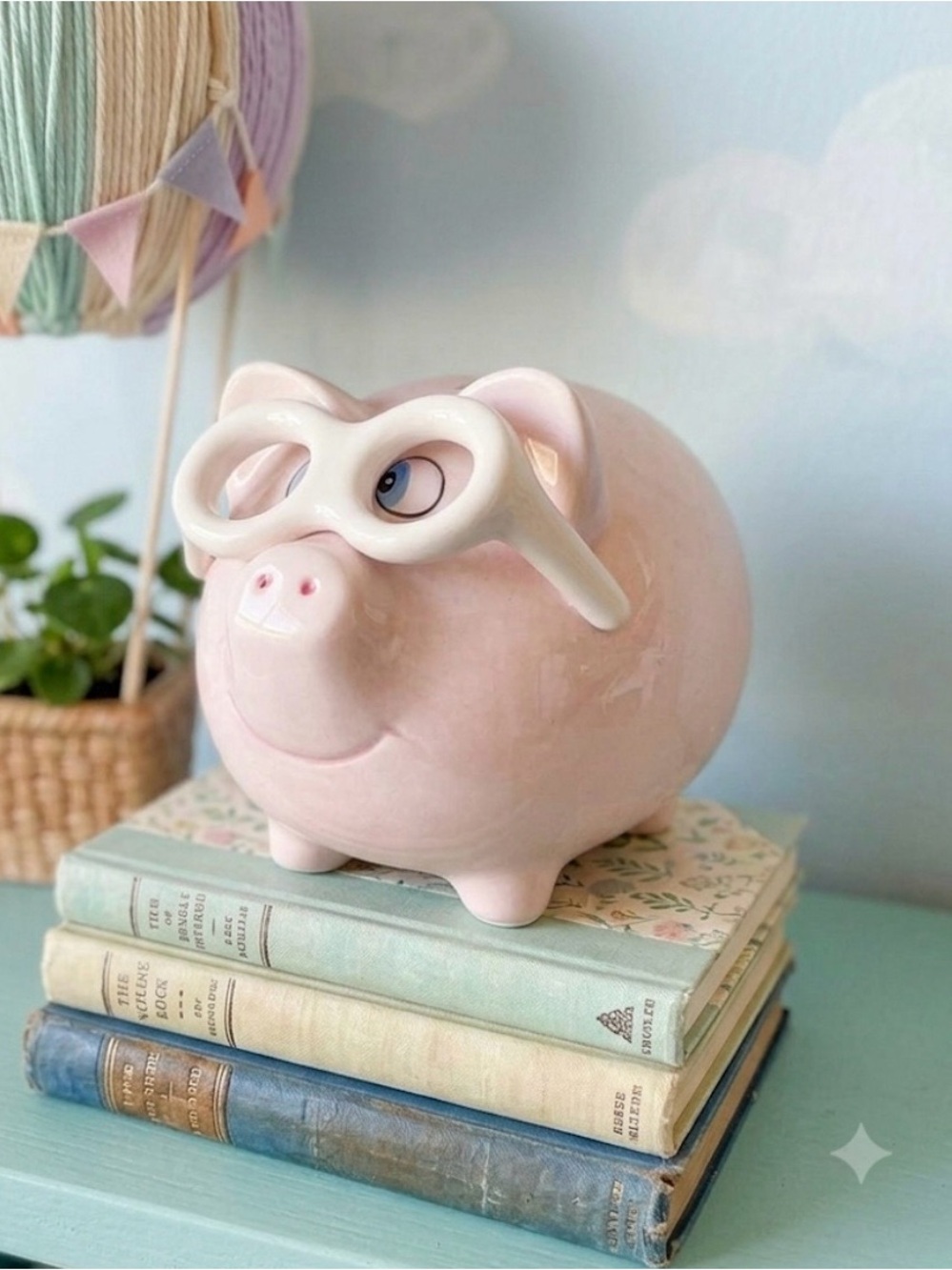 Vintage Piggy Bank Eclectic Glazed Ceramic Pig Wearing Glasses